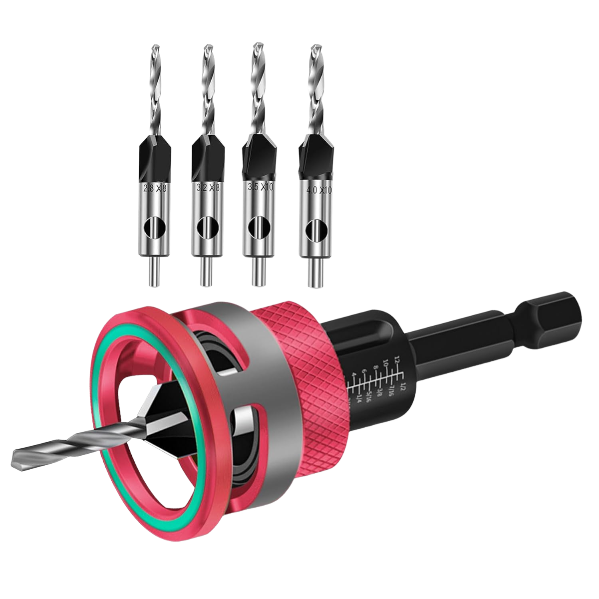Juego 5 brocas avellanadoras limitador profundidad ajustable rojo
