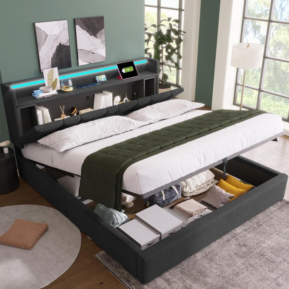 Cama 160x200cm con usb-c, enchufe, LED rgbw y almacenaje, gris