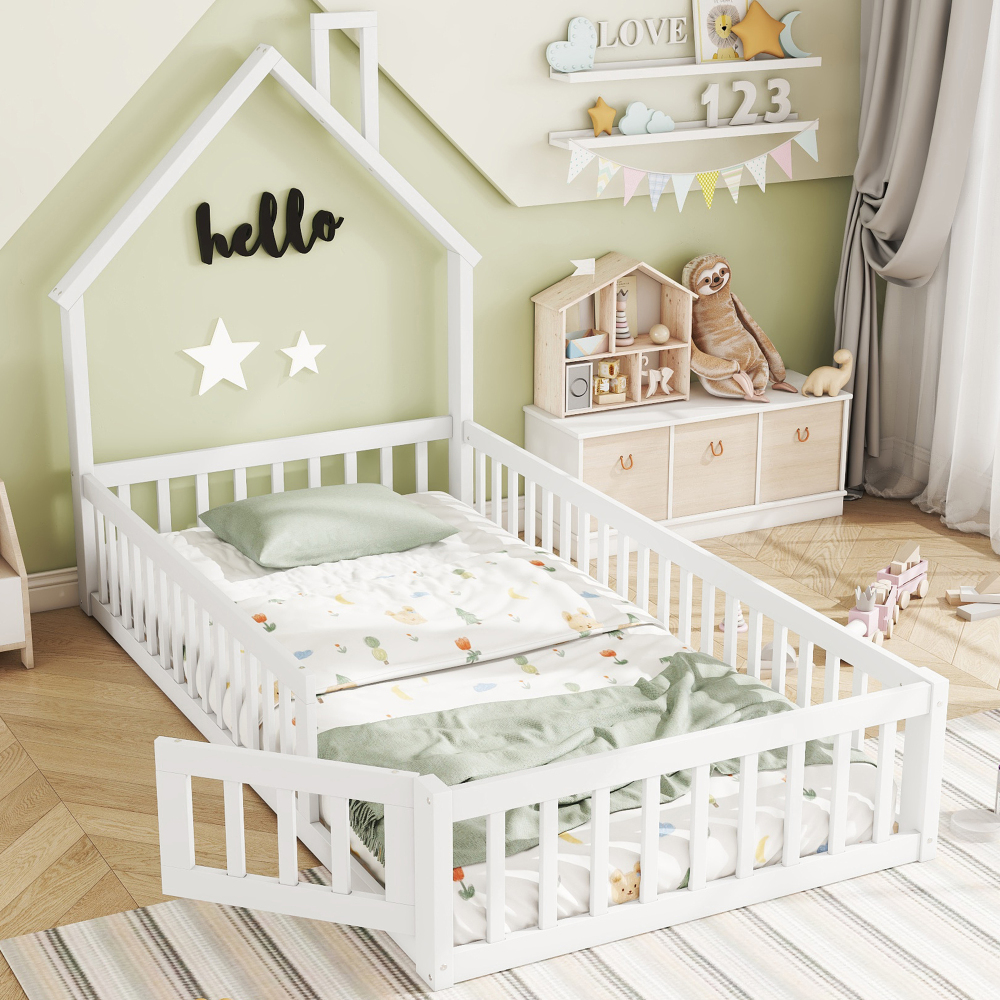 Cama casita infantil 90x200cm con barandilla y somier, pino y mdf-blanco