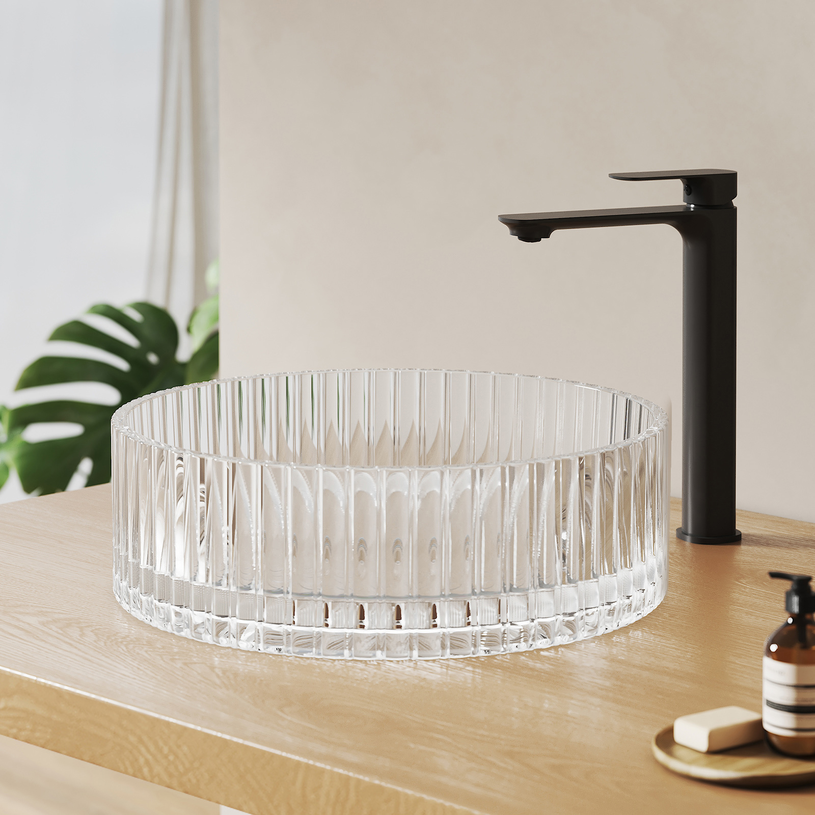 Emke lavabo redondo de encimera de vidrio templado 40x40x12cm, transparente