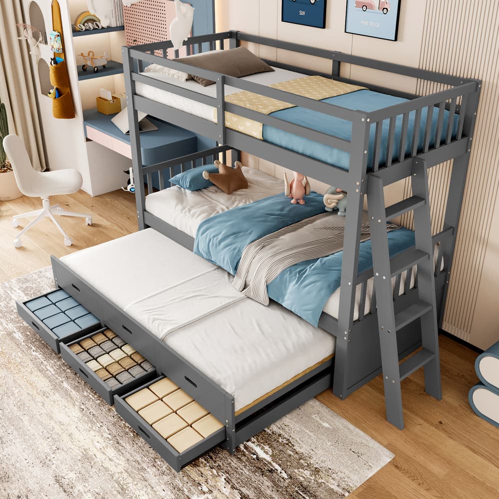 Litera 90x200cm con cama nido, 3 cajones y escalera pino y mdf – gris