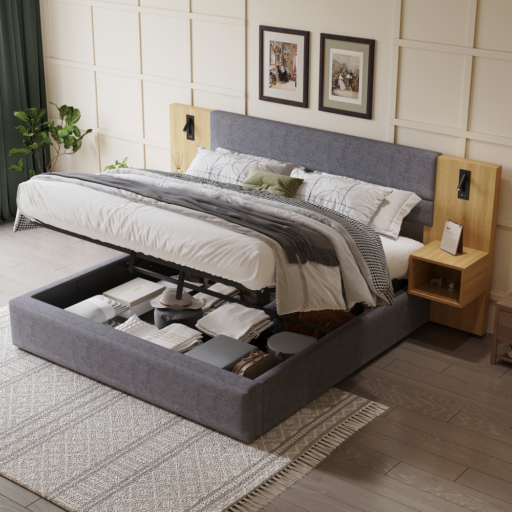 Cama tapizada 180x200cm con canapé hidráulico usb mesitas terciopelo gris