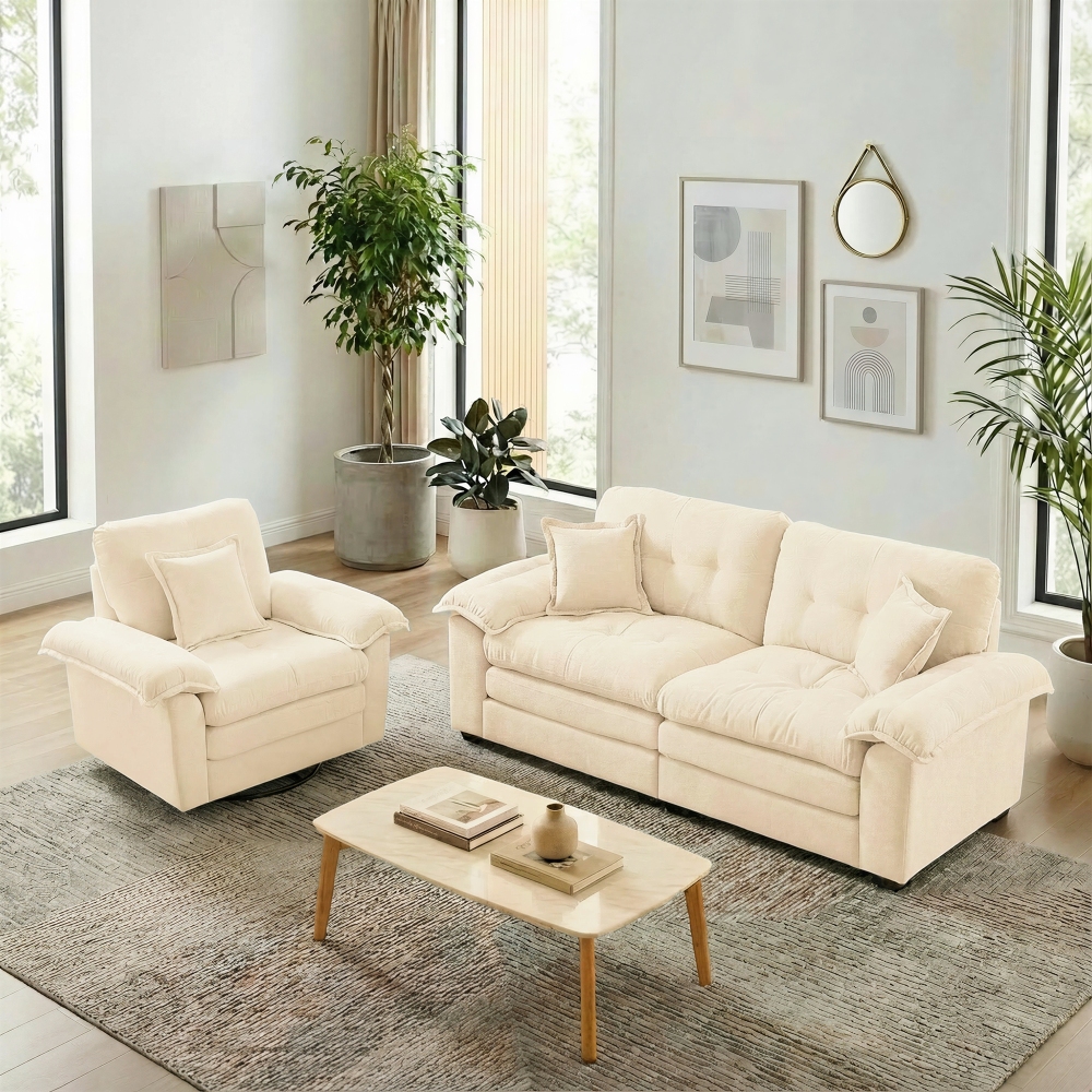 Conjunto sofás chenilla beige 1 y 2 plazas con cojines
