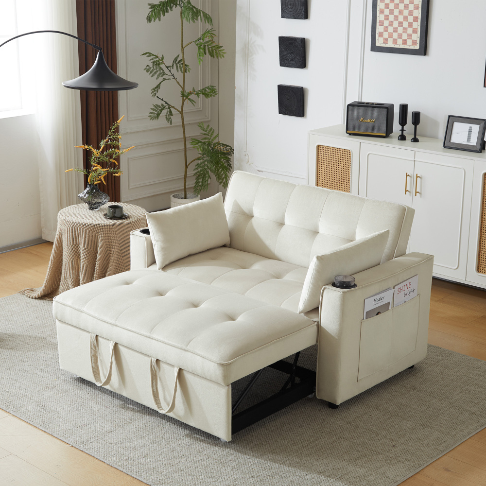 Sofá cama 2 plazas terciopelo beige con portavasos y bolsillos