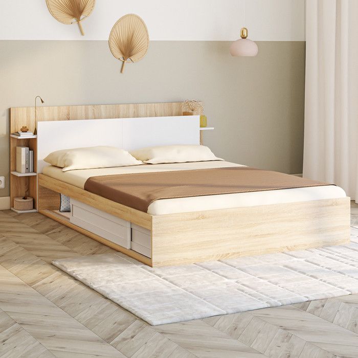 Cama doble con almacenamiento - madera blanca - 140 x 190 cm