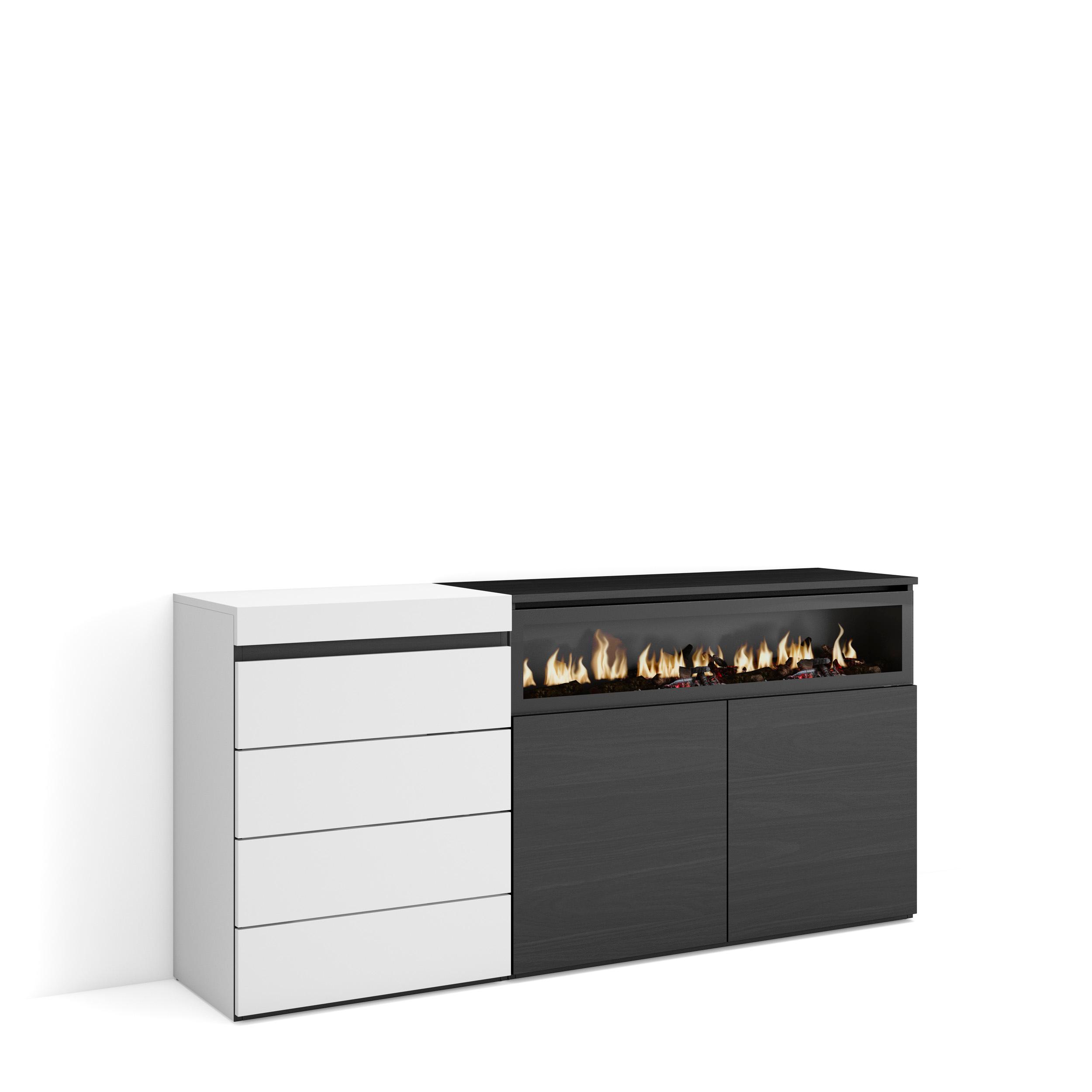 Cómoda, 159x35x75cm, cajonera, blanco y negro, chimenea eléctrica rf3424