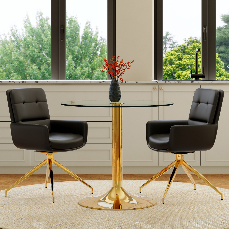 Mesa de comedor redonda con 2 sillas cristal metal negro dorado 76x85x85cm