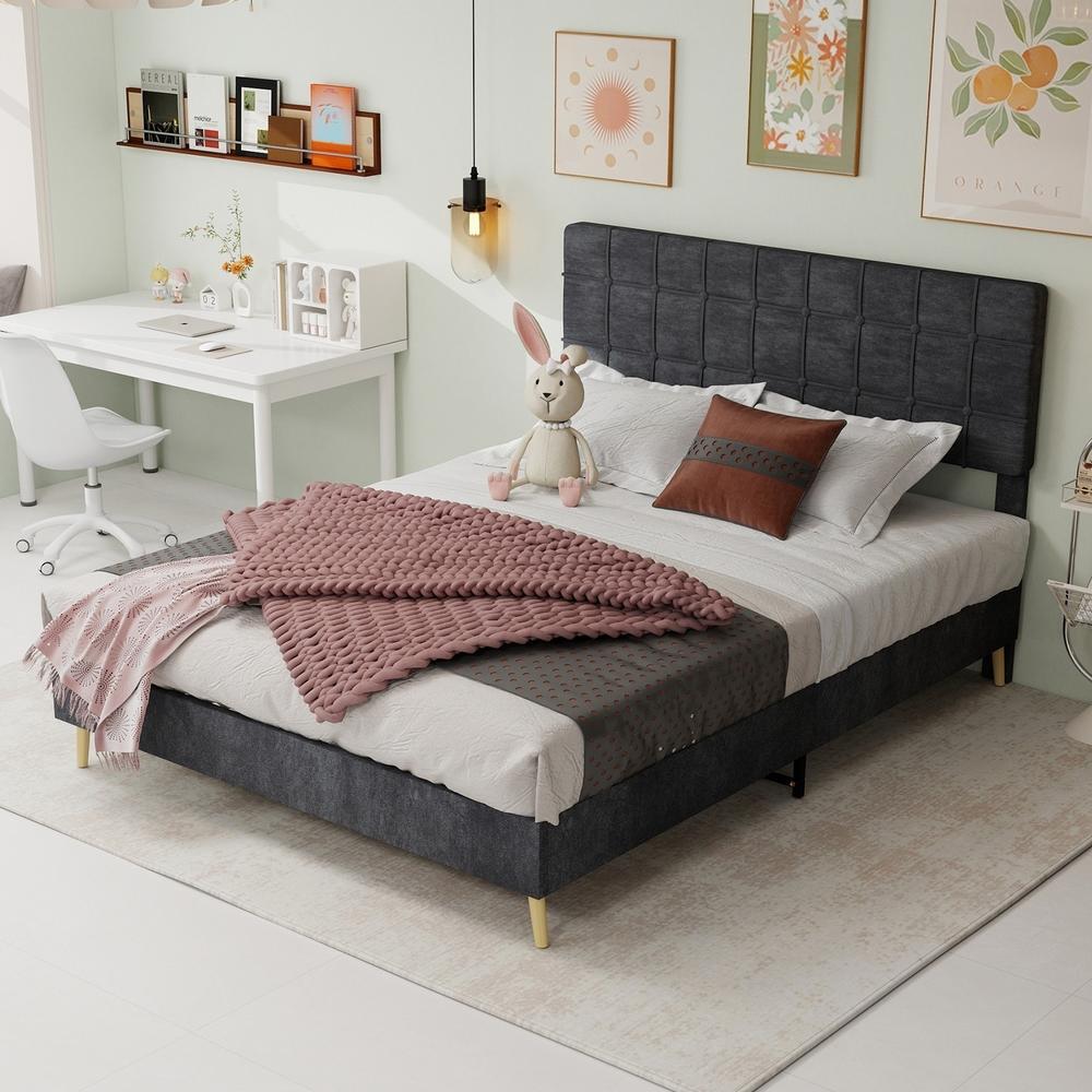 Cama doble 160x200cm, cabecero de cuadros, marco madera gris oscuro