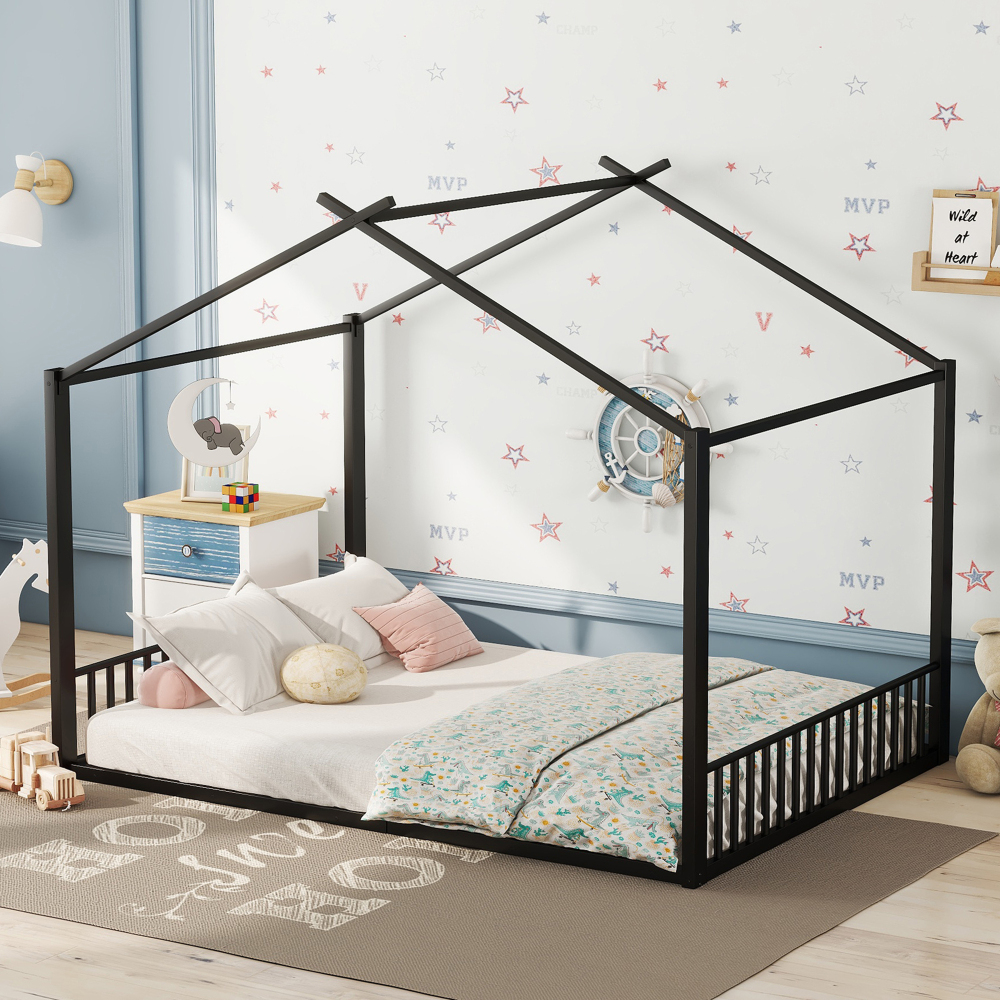 Cama infantil 140x200 cm estructura metálica en forma de casa – color negro