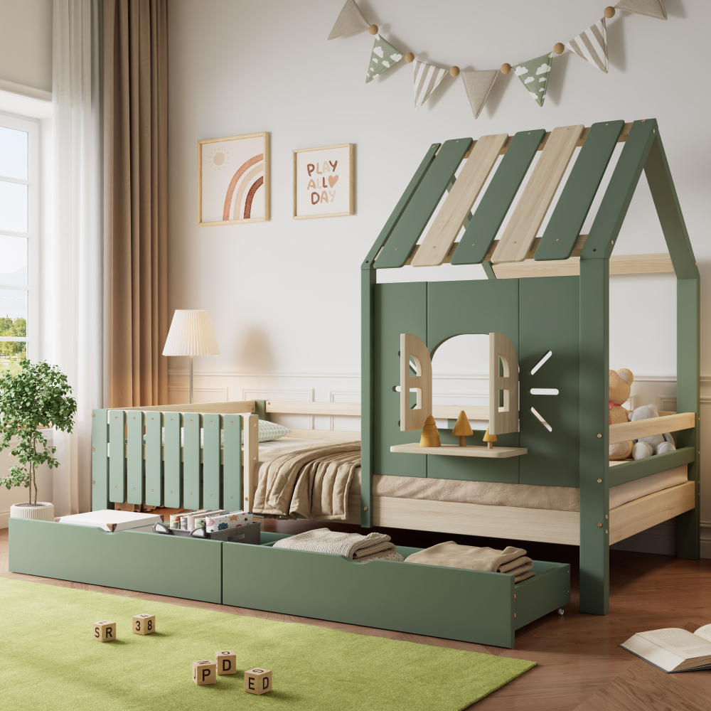 Cama infantil casita 90x200cm con 2 cajones pino y mdf – verde y natural