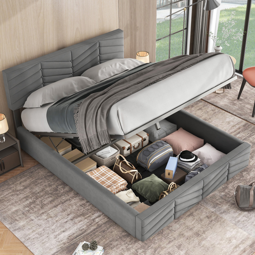 Cama doble 140x190cm con canapé hidráulico en terciopelo gris