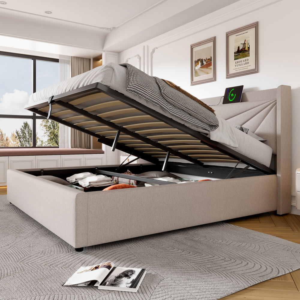Cama Doble Tapizada 140x200cm con Canapé y USB- C, Algodón+Lino – Beige