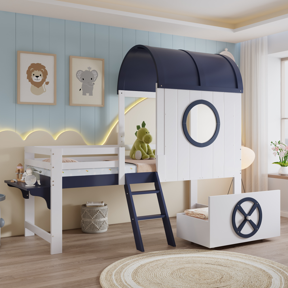 Cama semi alta 90x200cm con cajón y escalera, madera+mdf blanco+azul oscuro
