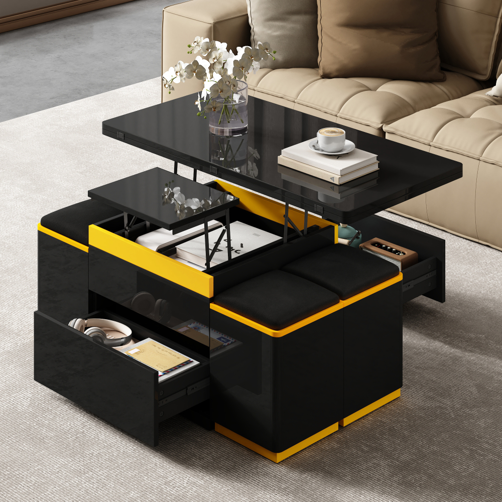 Mesa de centro elevable y plegable con 4 taburetes negro 43x100x50cm