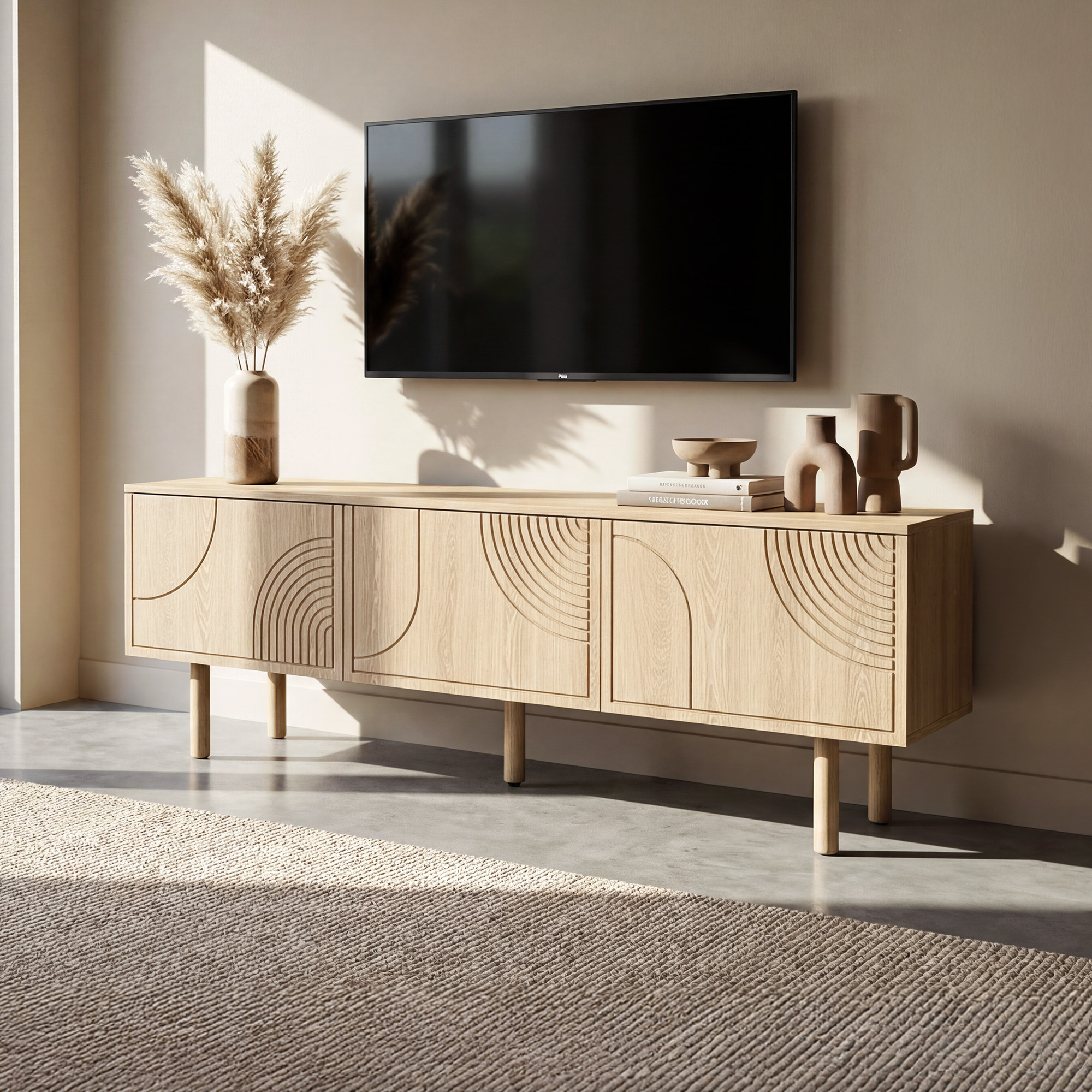 Mueble de tv escandinavo de 160 cm con 3 puertas y puertas batientes saskia