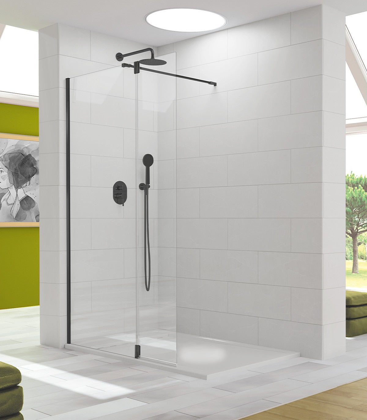 Mampara de ducha fija + abatible negro mate mod. Tutti - 128cm tt424 05