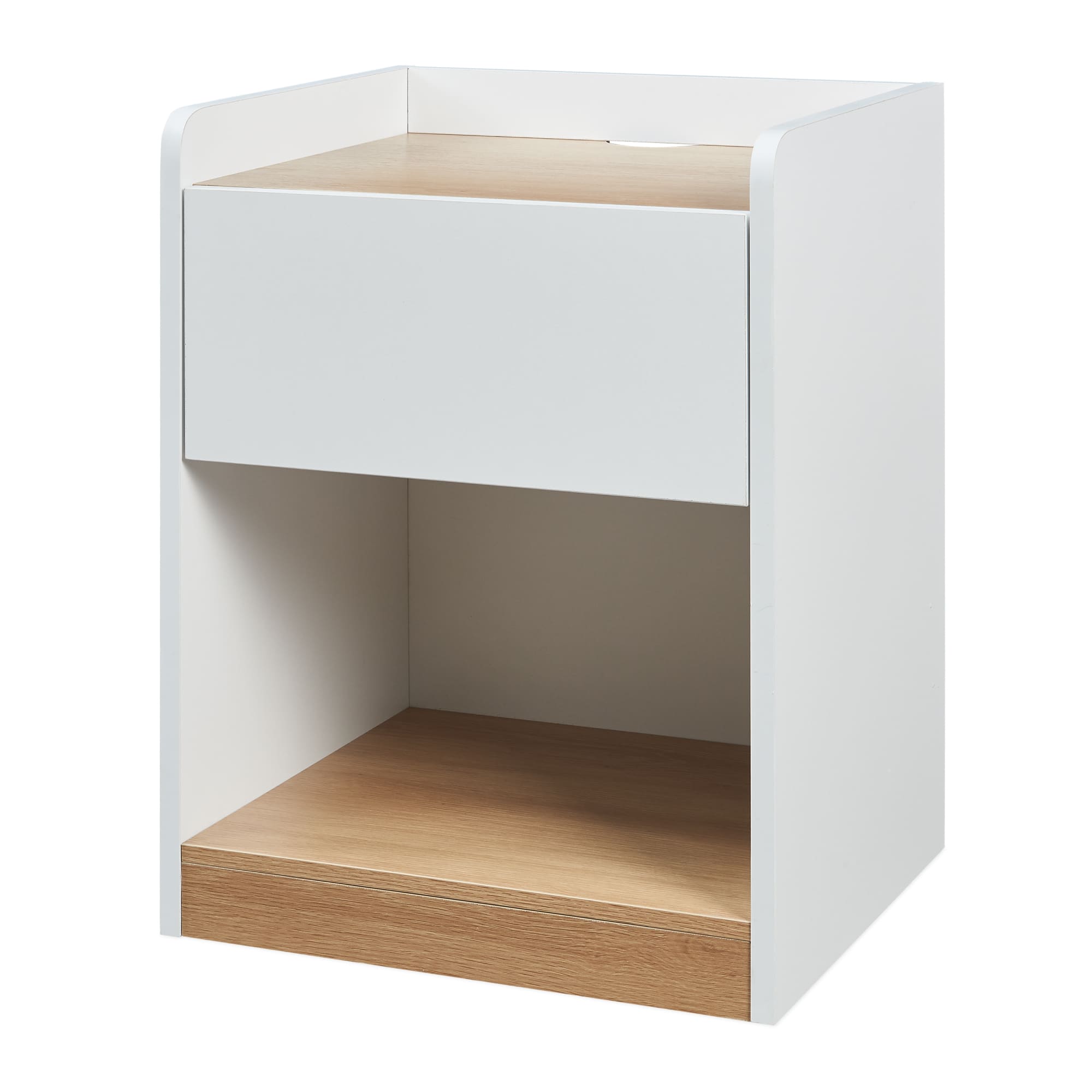 Mesita de noche kuorshare 1 cajón mdf 55x42x37cm - blanco / roble [en.casa]