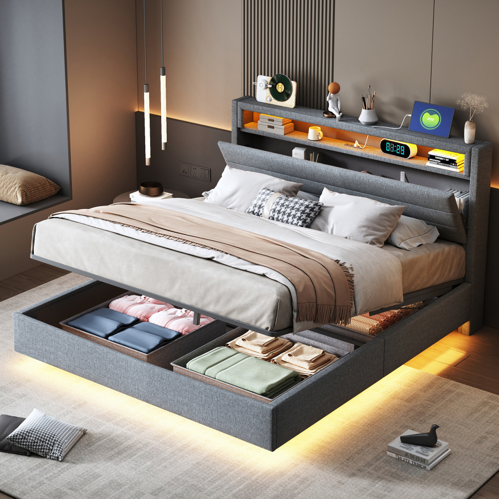 Cama tapizada 140x200 cm con canapé hidráulico, usb y LED lino – color gris