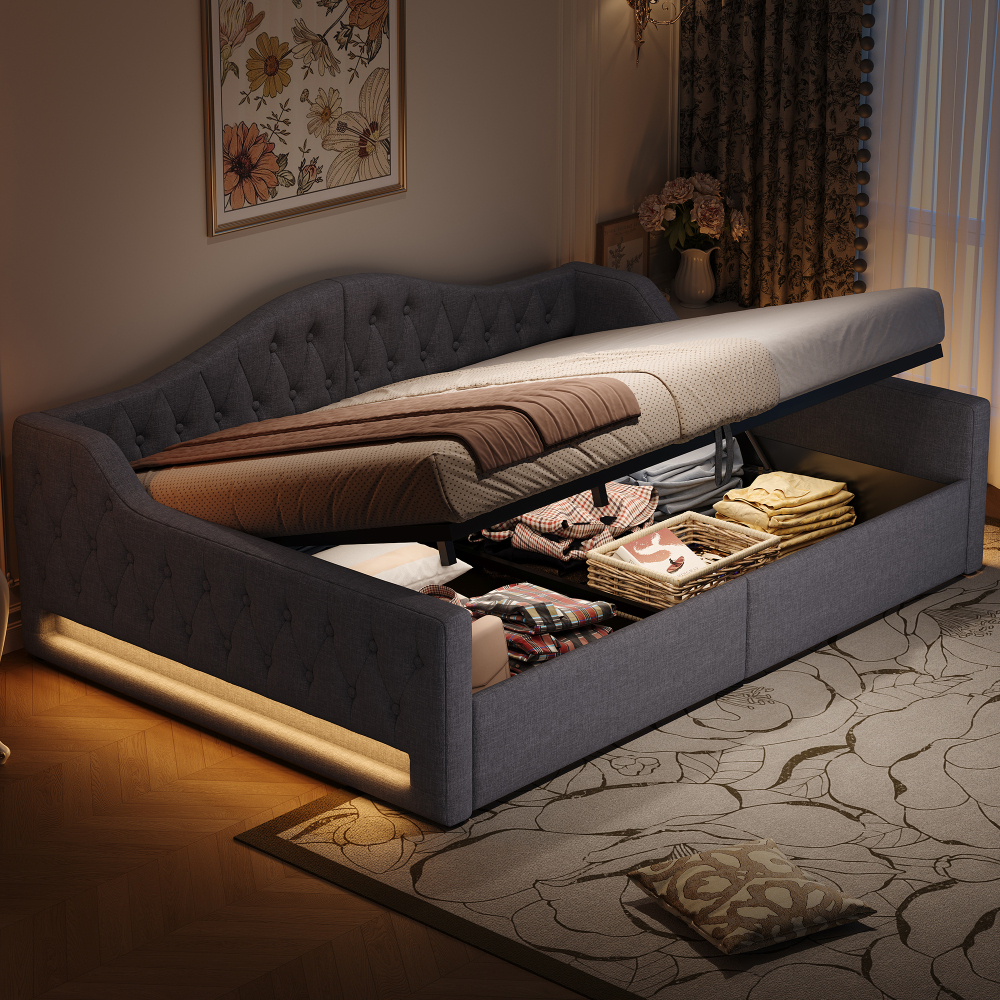 Sofá cama 140x200cm con canapé hidráulico, LED y almacenaje lino y mdf gris