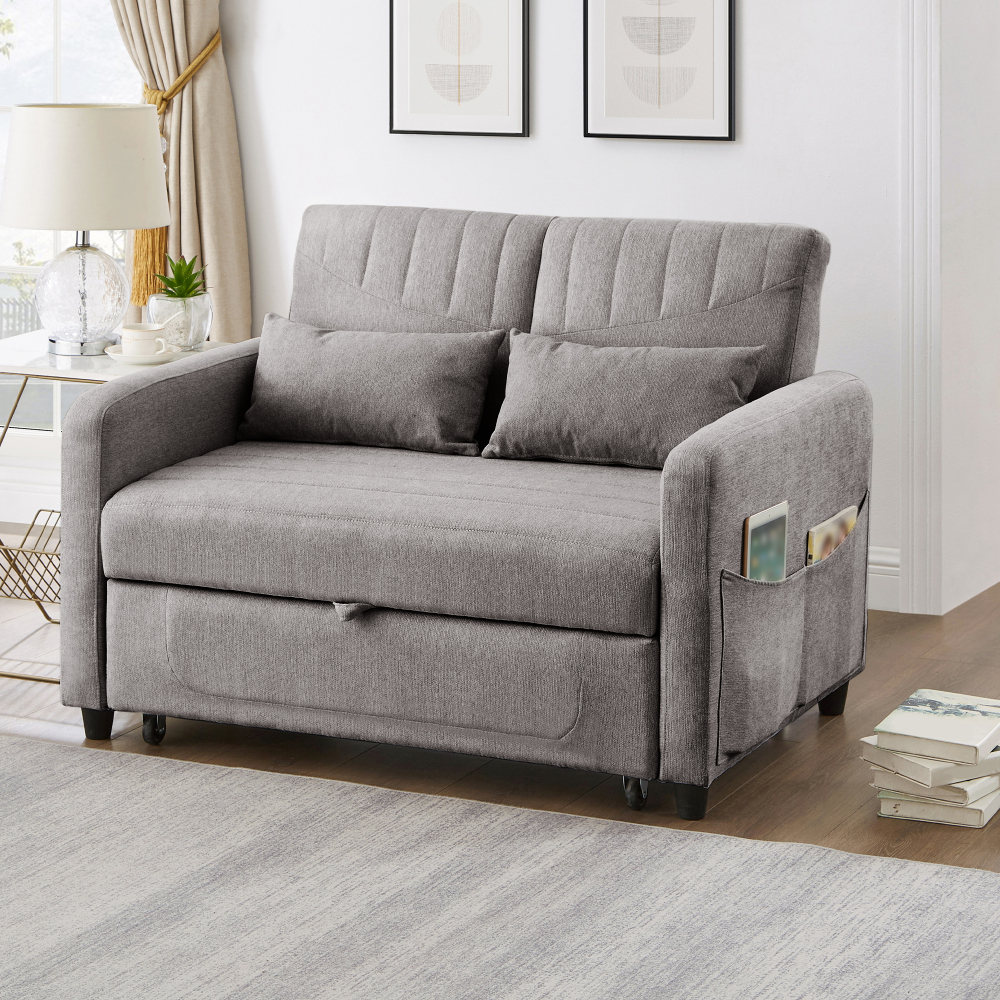 Sofá cama 2 plazas algodón y lino gris con respaldo ajustable y extraíble