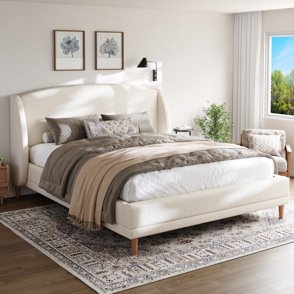 Cama tapizada 140x190 cm con cabecero de orejas bouclé – blanco