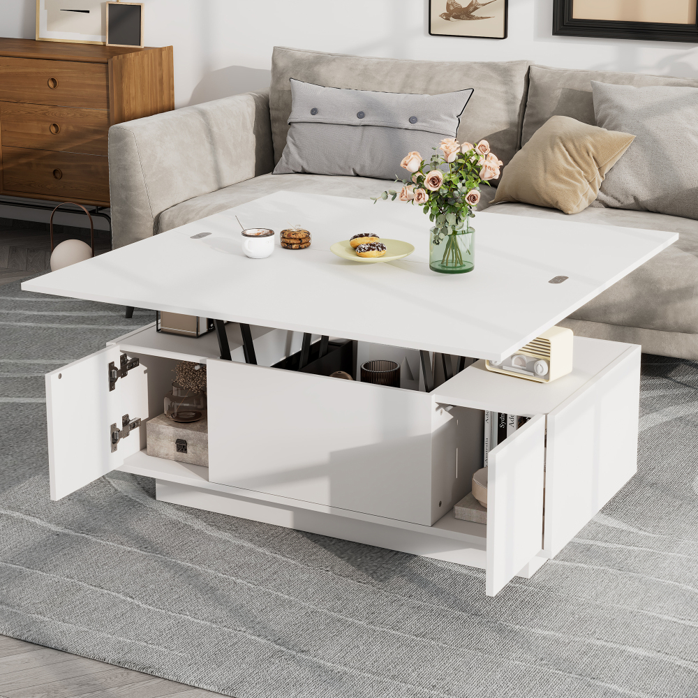Mesa de centro elevable doble con almacenaje oculto blanca 43x100x50cm