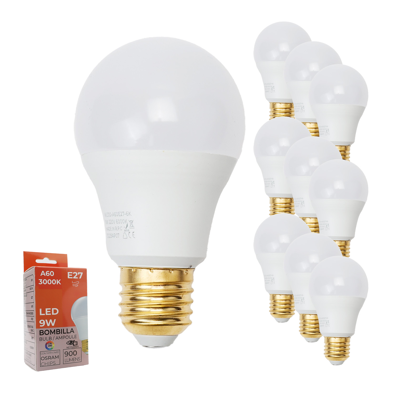 Pack 10 Bombillas LED E27 A60 9W Luz Cálida 3000K Sin Parpadeo 900lm CRI>90