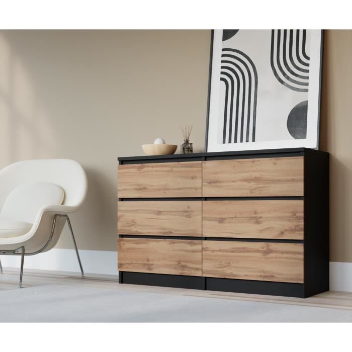 Cómoda 6 cajones - negro y roble wotan - 120 x 39 x 79 cm