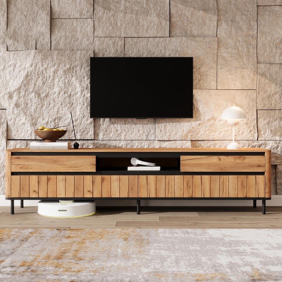 Mueble de tv para salón 2 cajones 2 puertas negro natural 52x180x40cm