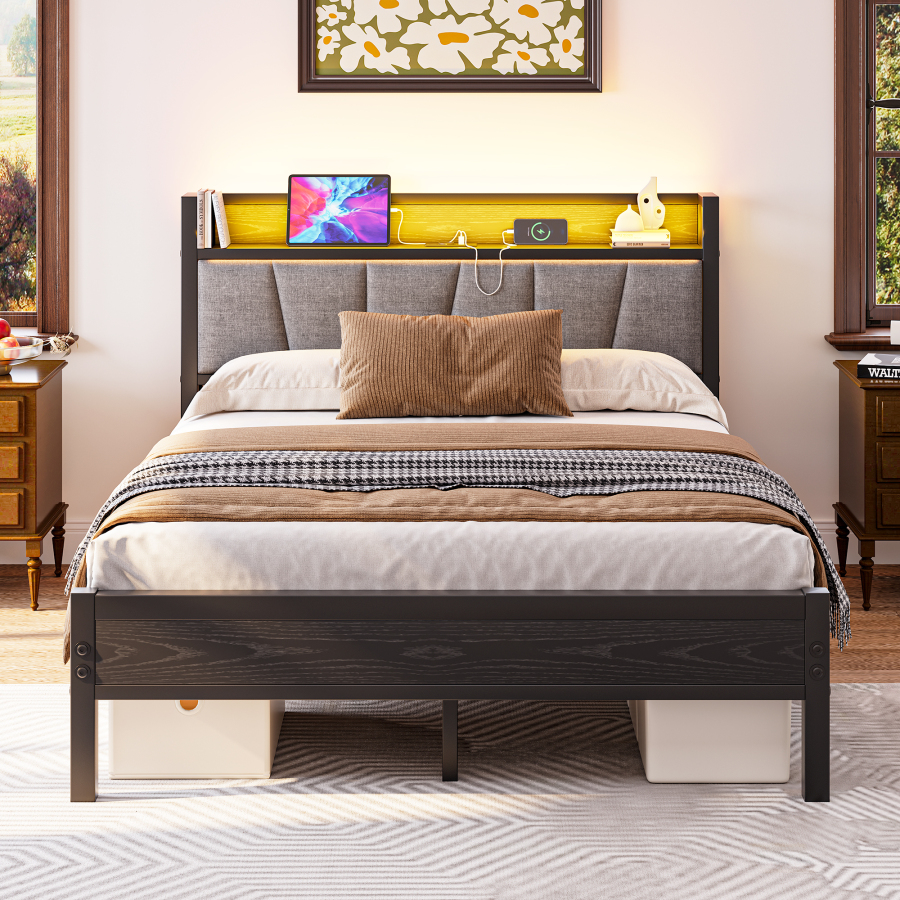 Cama metálica 140x190 cm con LED, usb y almacenaje mdf metal