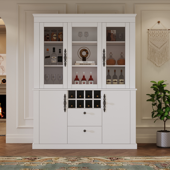 Vitrina con 2 cajones 4 puertas LED y botellero blanco 170,5x130x37,5cm
