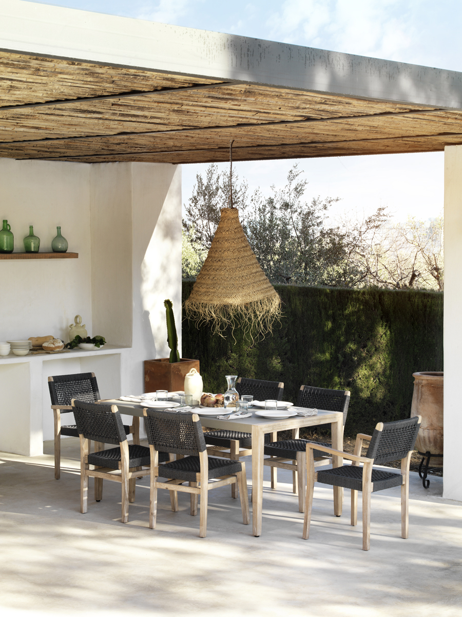 Set de 4 sillones de madera de acacia y trenzado en cuerda gris, 58x55x83cm