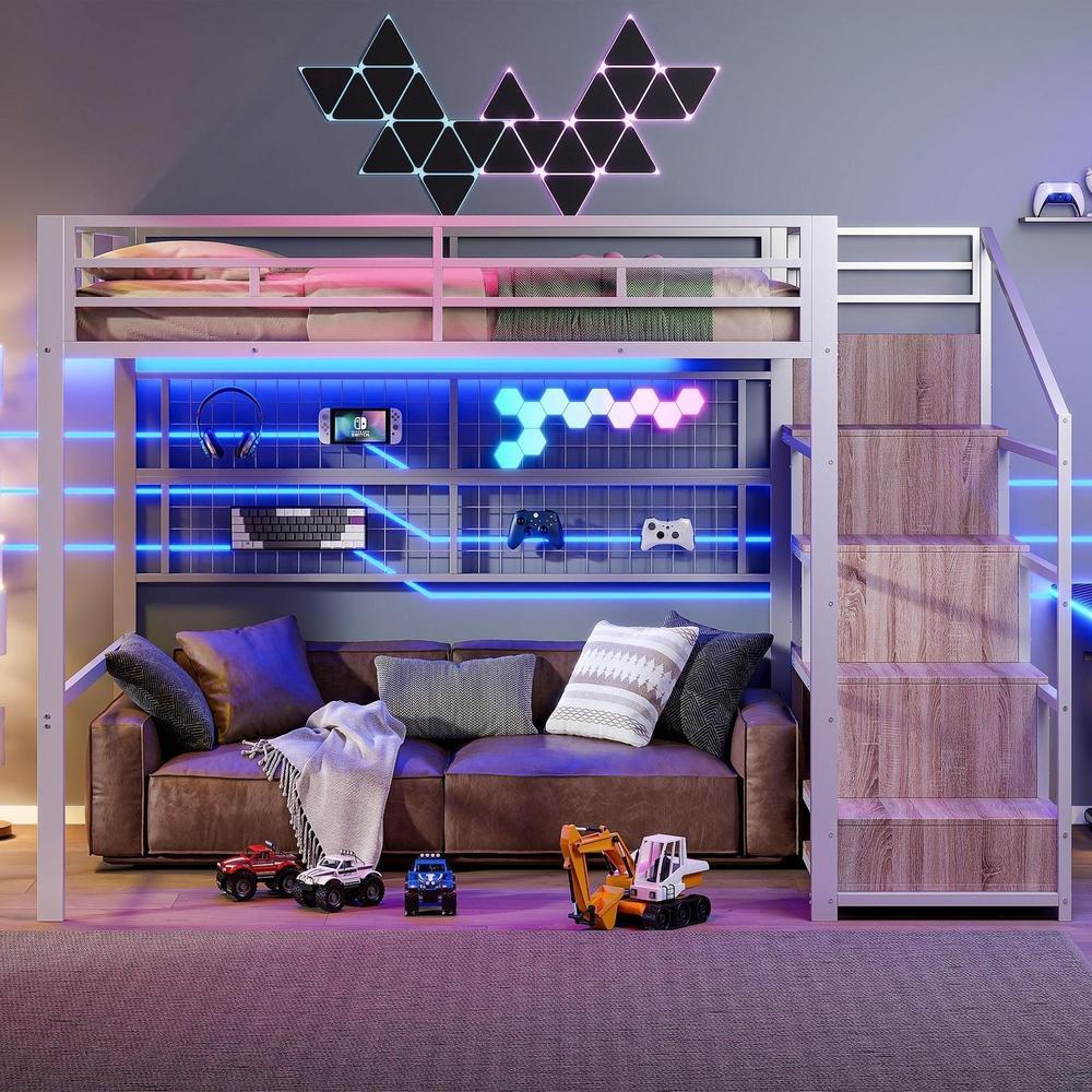Cama alta metálica 140x200cm, armario, escalera, LED 7 colores, blanca