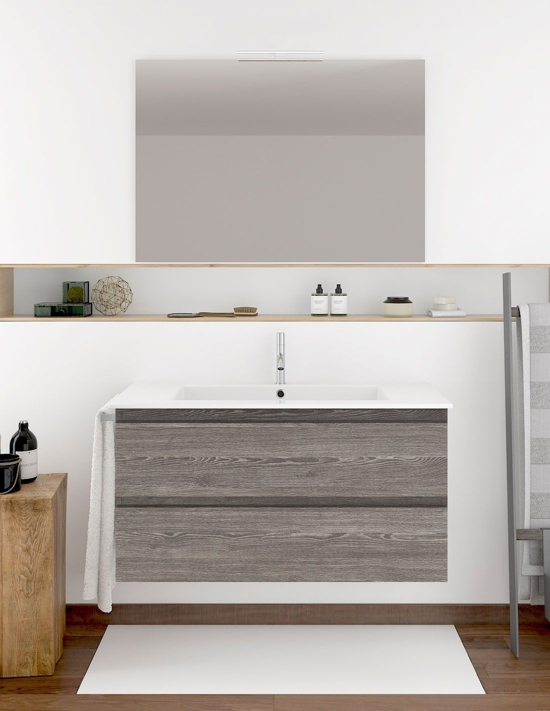 Mueble de baño ibiza con lavabo y espejo 100x40cm roble smoky