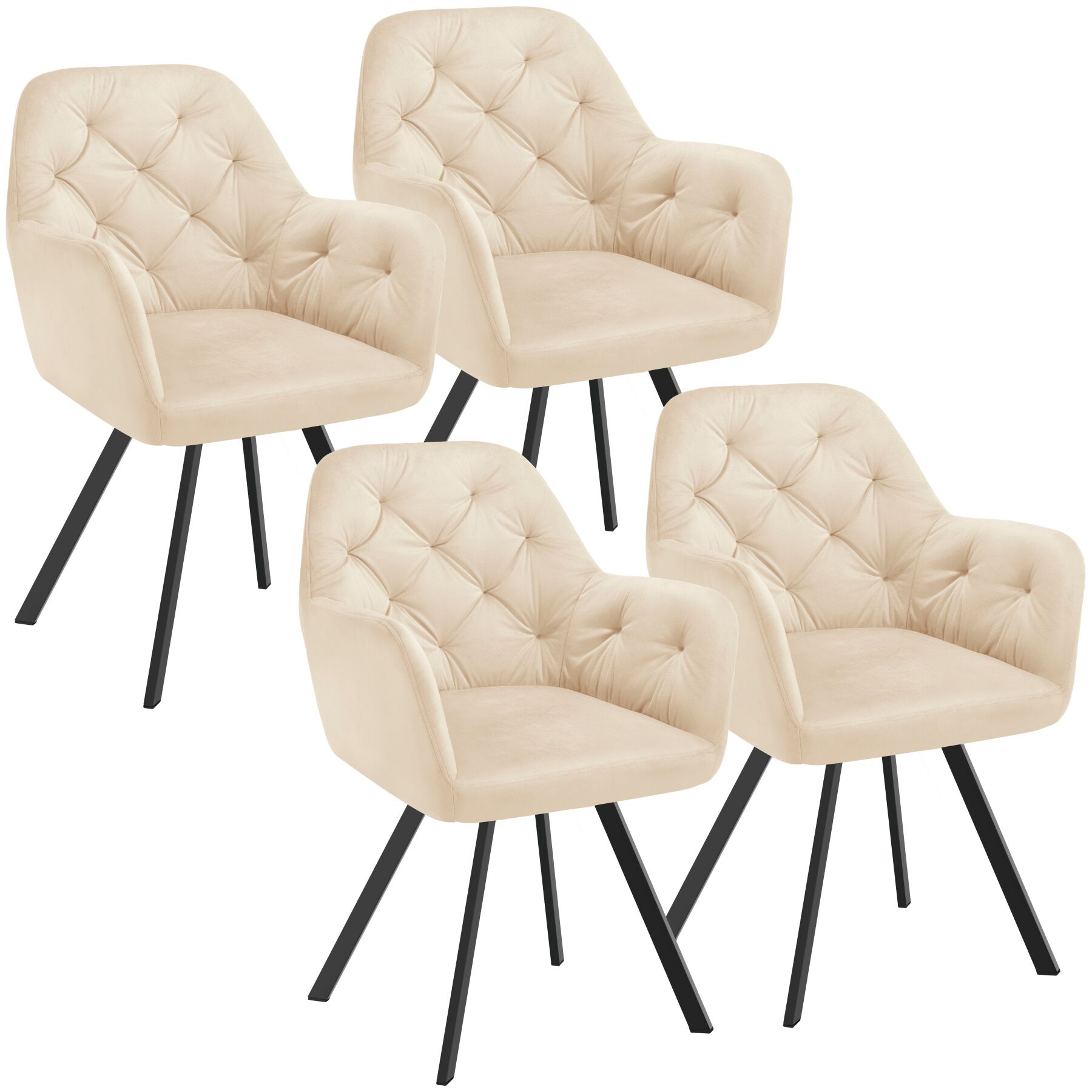 4 sillas de comedor 360º con reposabrazos y de terciopelo, crema