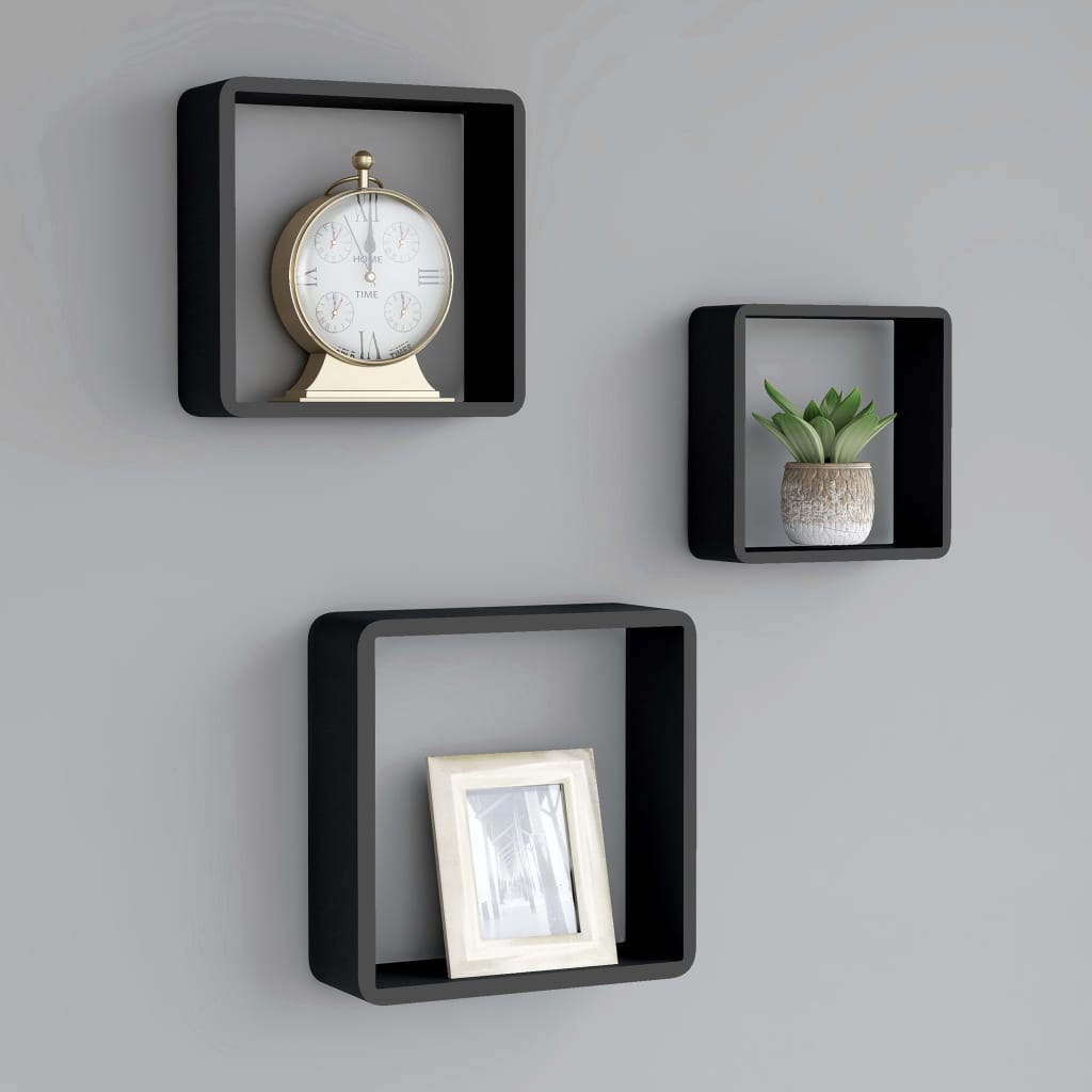 Estantes cubo de pared 3 unidades mdf negro es1955