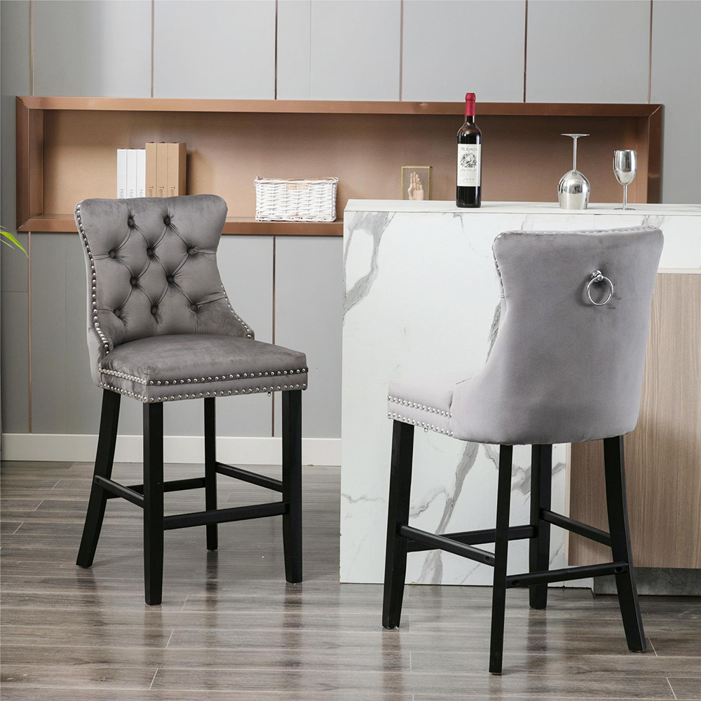 Taburete de bar, terciopelo, juego de dos, gris