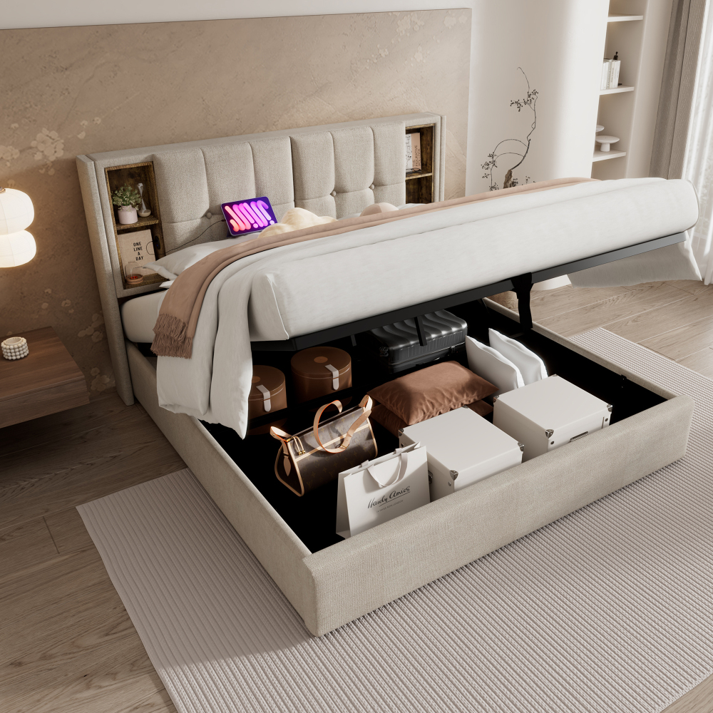Cama tapizada 140x200cm con canapé hidráulico, usb-c lino – natural
