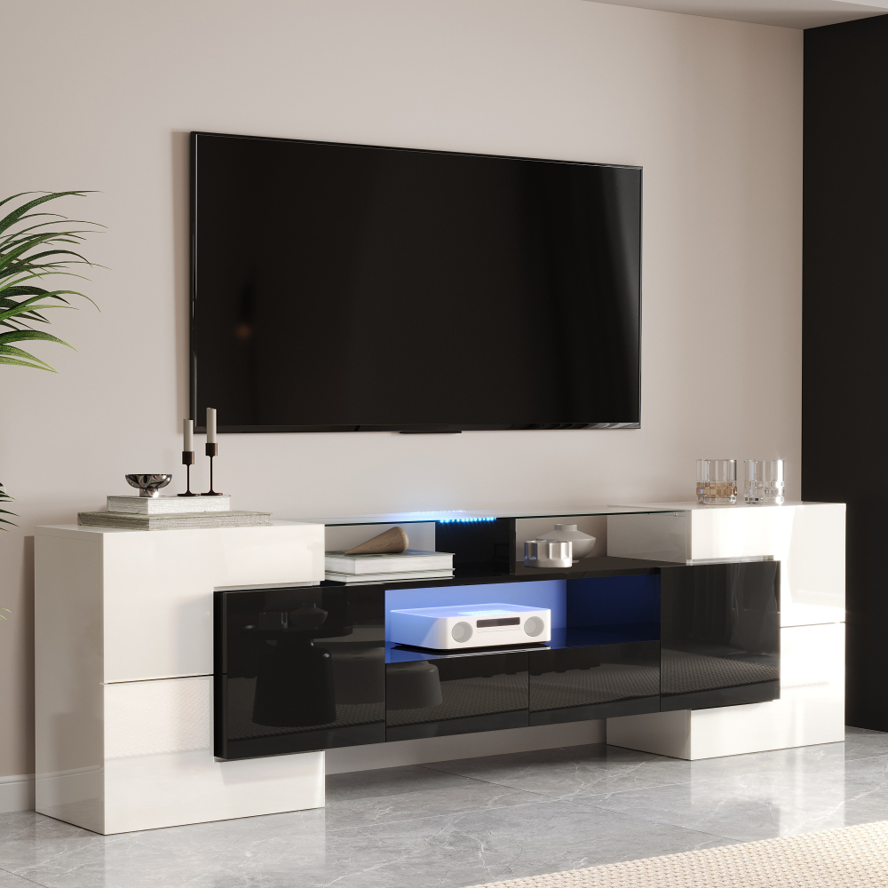 Mueble de tv 6 puertas 2 cajones blanco y negro con LED 60x200x35cm