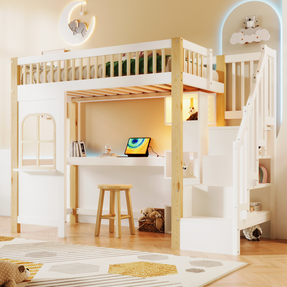 Cama alta 90x200cm con escritorio, LED y almacenaje pino+mdf blanco+natural