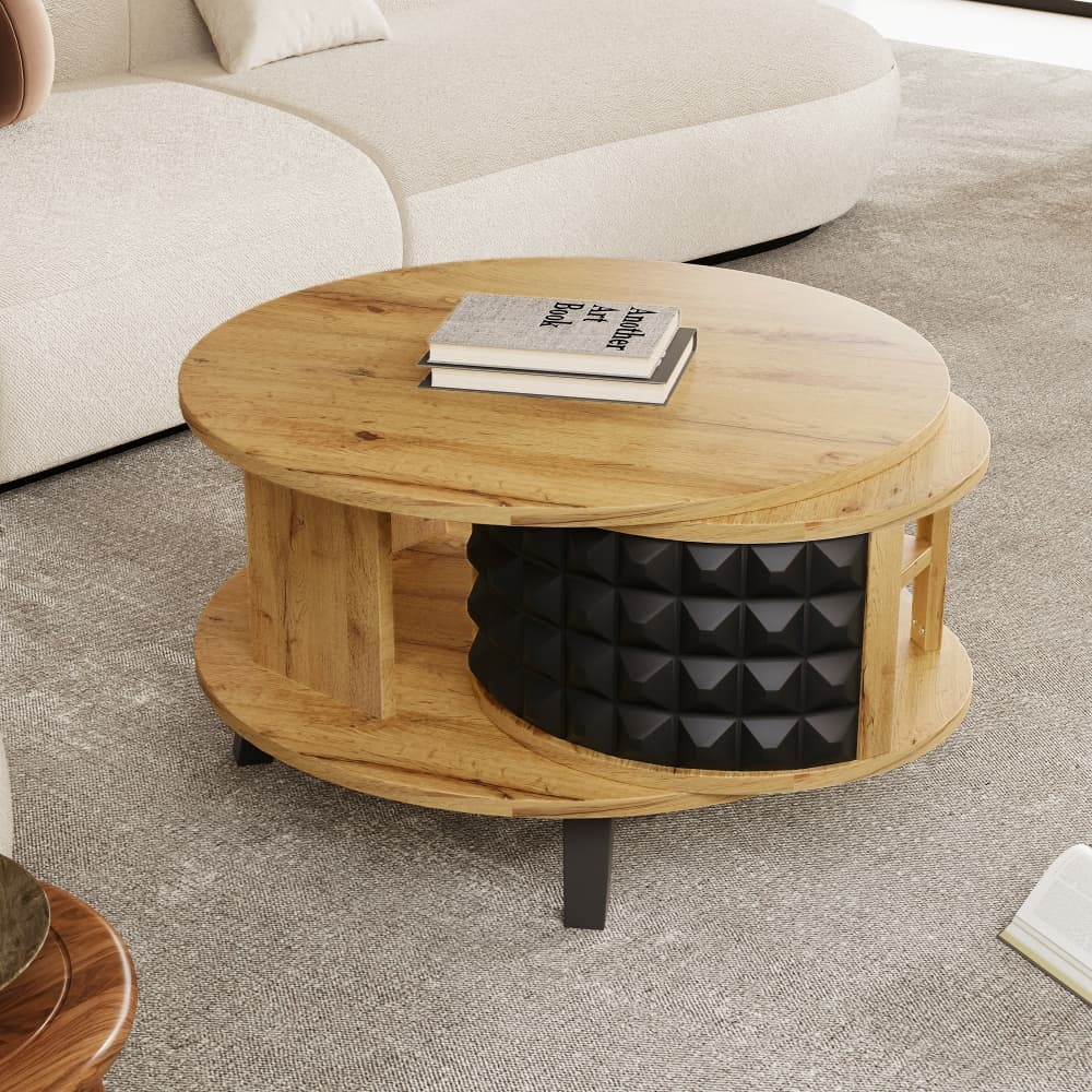 Mesa centro giratoria con almacenaje madera natural
