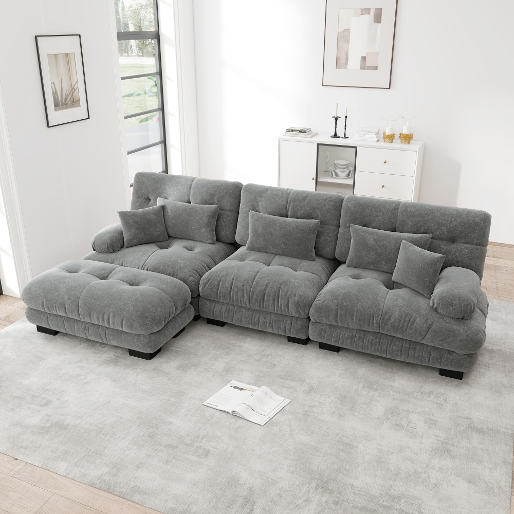 Sofá modular en l de chenilla gris con asientos profundos