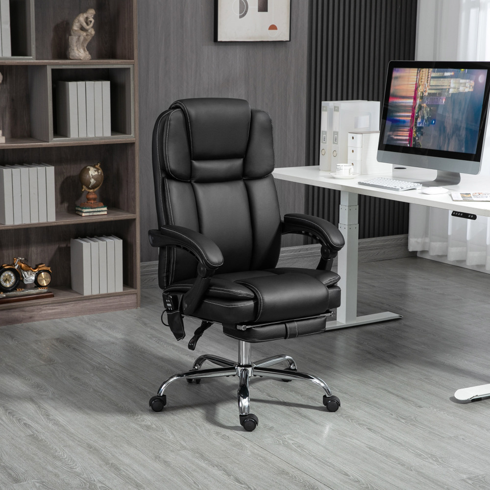 Silla de oficina ergonómica negra con masaje calor reclinable y reposapiés