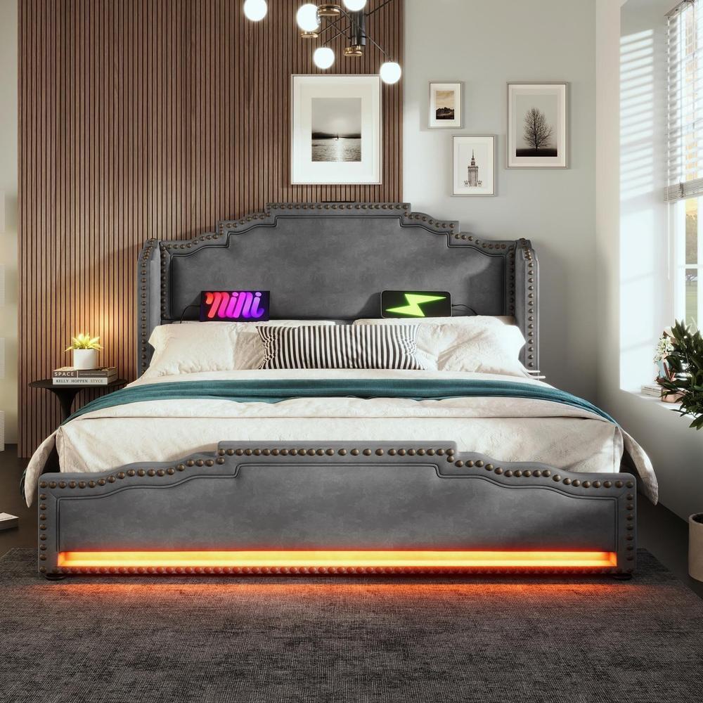 Cama doble 180x200cm con almacenaje, 4 cajones, LED usb-c, gris