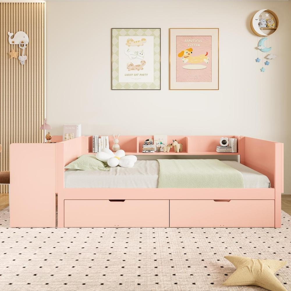 Cama infantil 90x200cm con escritorio y cajones, sin colchón, rosa