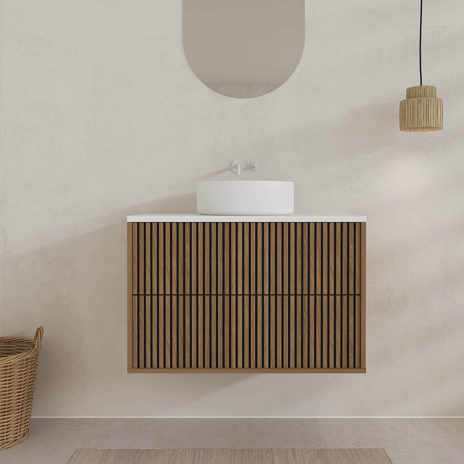 Mueble de baño 80cm acanalado roble y negro - encimera y lavabo blanco
