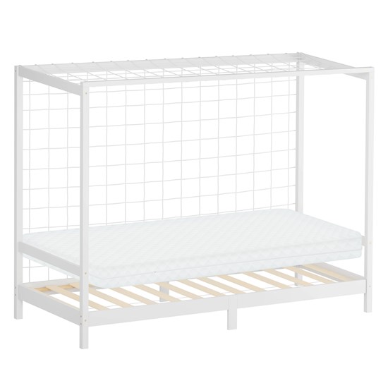 Cama infantil 90x200 cm + colchón 10cm portería fútbol madera blanca