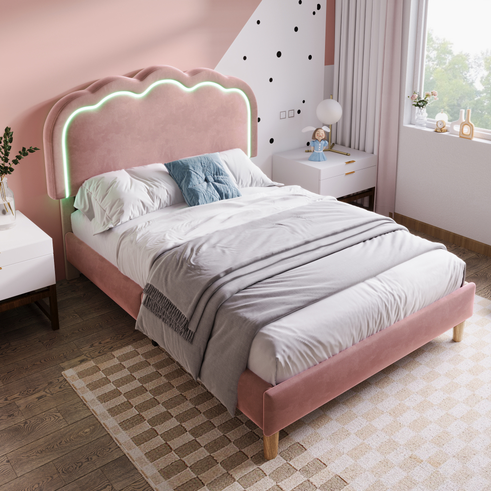 Cama tapizada 90x200cm LED y cabecero ajustable terciopelo – rosa