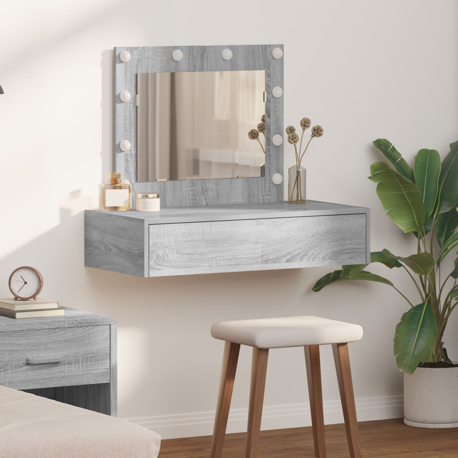 Mesa de tocador montada en la pared con luces LED gris sonoma oif260560