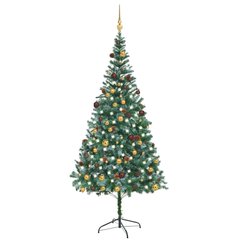 vidaXL árbol de navidad helado con luces, bolas y piñas 210 cm